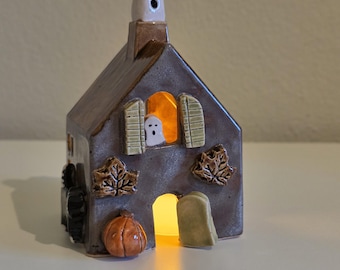 Spooky Ceramic Tealight House-Halloween Haunted Candle Holder