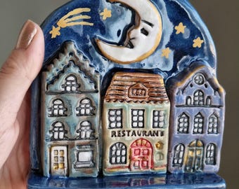 Handmade Ceramic Amsterdam Houses Wall Decor: Moon & Stars Art