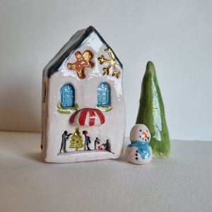 Handmade Ceramic Miniature Winter Village Set of 3: Snowman & Tree
