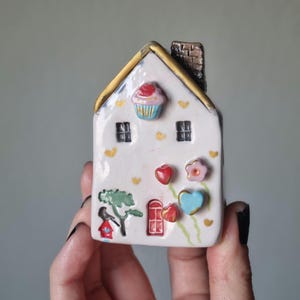 Whimsical Miniature Ceramic House with Balloons and Hearts,Miniature Ceramic Spring House with Balloons and Hearts,Spring themed Miniature