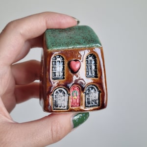 handmade ceramic miniature Italian rustic cafe,ceramic miniature Italian house with heart,miniature pottery house decor,ceramic winter house