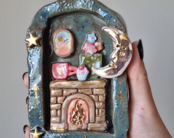 Ceramic wall decoration with cosy house,handmade ceramic wall decor with flowers and fireplace,ceramic mini wall art with 14k gold lustre