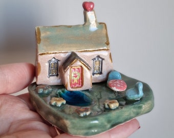 Ceramic miniature house with small pond and garden,ceramic miniature house with chair and table,handmade ceramic christmas miniature home