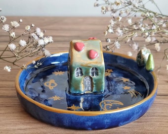 Handmade ceramic ring dish with miniature house,handmade ceramic ring holder with miniature home decor and moon with stars, unique decor