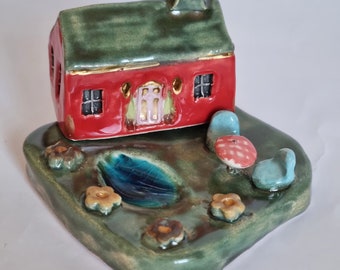 Ceramic miniature house with small pond and garden,ceramic miniature house with chair and table,handmade ceramic red miniature home