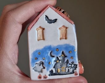 Handmade Ceramic Haunted House Decor: 24k Gold Lustre Miniature