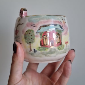 ceramiczny przytulny kubek domowy, ręcznie robiony ceramiczny kubek kwiatowy, ceramiczny kubek letni z połyskiem 24-karatowego złota, ręcznie robiony ceramiczny kubek z zachodem słońca i domem