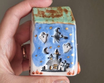 Handmade Ceramic Haunted House Decor: 24k Gold Lustre Miniature