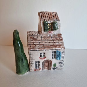 Handmade Ceramic Miniature Italian Tuscany House with Tree