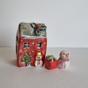 Handmade Ceramic Miniature Christmas House Set with Snowman