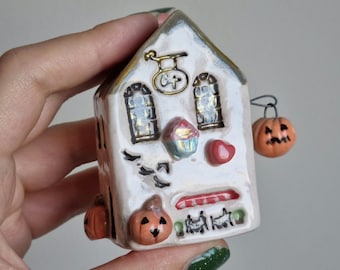 Handmade Ceramic Halloween House: Miniature Pumpkin Cafe Decor