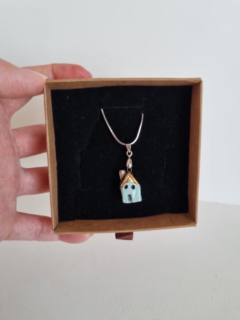 14k gold ceramic miniature house necklace,handmade ceramic necklace with 14k gold lustre,handmade porcelain jewelry with miniature house image 2