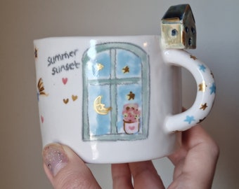 Summertime mug,handmade ceramic summer mug,ceramic home mug,aesthetic sunset mug,handmade ceramic night sky from window mug,sunset time mug