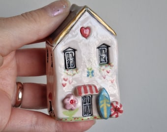 Ceramic house with surf board,miniature summer house with flowers,miniature summer house,ceramic summer house with sunset and sea,small home