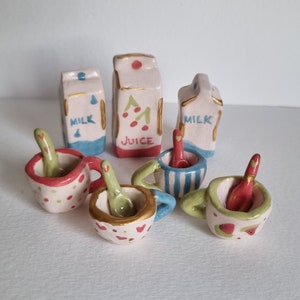 Ceramic miniature coffee mug set,miniature coffee mug with soon,handmade little ceramic mugs set with spoon,miniature milk and juice