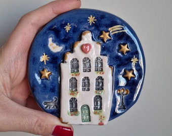 Ceramic Amsterdam night sky wall decoration,handmade ceramic wall decoration with moon and stars,miniature wall art with miniature house