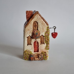Miniature house with flowers, ceramic spring floral house,miniature rustic home with balcony,miniature house with cat,tiny house with garden