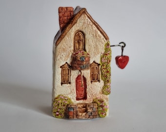 Miniature house with flowers, ceramic spring floral house,miniature rustic home with balcony,miniature house with cat,tiny house with garden