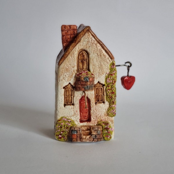 Miniature house with flowers, ceramic spring floral house,miniature rustic home with balcony,miniature house with cat,tiny house with garden