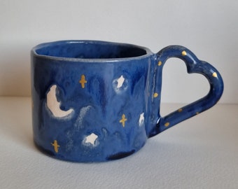 Handmade ceramic moon and star mug , night lovers mug,night sky mug,moon mug,starry mug,ceramic coffee mug,heart shaped mug,ceramic moon mug