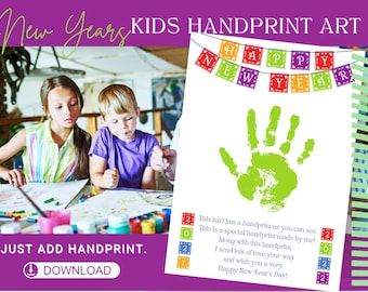 New Years Printable kids handprint art, handprint projects, fingerprint art for preschoolers, kids handprint, NYE art kids handprint craft