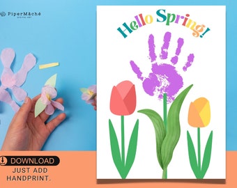 Hello Spring kids handprint art/craft, handprint projects craft projects fingerprint art for preschoolers kids handprint Happy Spring craft