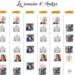 Peut inclure: Un emploi du temps hebdomadaire pour une enfant nommée Ambre, avec des activités quotidiennes listées pour le matin, le déjeuner, l'après-midi et le soir. L'emploi du temps comprend l'école, le temps en famille et le temps de jeu.