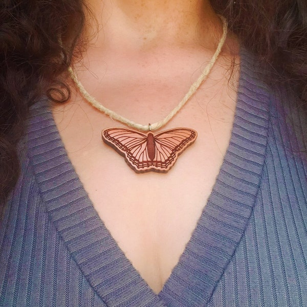 Butterfly Necklace By Bobbee Made, Available With Hemp Or Waxed Brown Cotton Cording