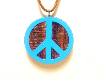 Peace Sign Necklace By Bobbee Made, Made Of Cedar Wood, Hand Painted And Finished, Cording Options Available