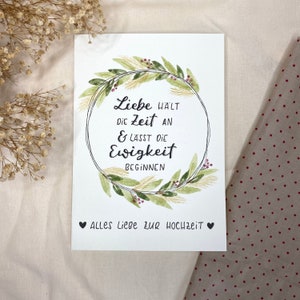 Carte de mariage, carte de félicitations de mariage, cadeau de mariage, couronne de feuilles avec inscription, carte de mariage, baies et feuilles, couronne
