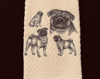 Pug dog embroidered kitchen towel