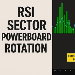 Peut inclure: Graphique présentant des données financières avec le texte "RSI SECTOR POWERBOARD ROTATION". Le graphique comprend des barres vertes et rouges, une ligne bleue et des données numériques dans des zones de texte. Fond sombre.