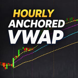 Peut inclure: Un graphique financier avec le texte "HOURLY ANCHORED VWAP" en jaune et blanc. Le graphique présente des lignes vertes, violettes et jaunes sur un fond sombre. Des données numériques sont également visibles.