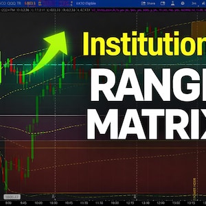 Peut inclure: Un graphique financier avec des motifs de chandeliers verts et rouges, superposés de lignes de tendance et du texte "Institutional RANGE MATRIX". Une flèche verte vive pointe vers le haut.