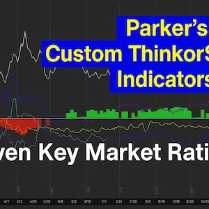 May include: A dark background displays a financial chart with multiple colored lines and data points. Text in the image reads "Parker's Custom ThinkorSwim Indicators" and "Seven Key Market Ratios". The chart shows market data.