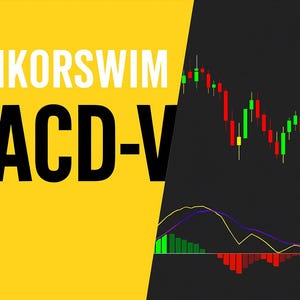 May include: Image with the text "THINKORSWIM MACD-V" in white and black. The background is split diagonally, with yellow on the left and black on the right. The right side displays a stock chart with green and red bars and lines.