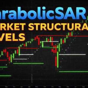Peut inclure: Un graphique financier avec le texte "ParabolicSAR MARKET STRUCTURAL LEVELS". Le graphique présente des barres vertes et rouges représentant les données du marché, avec des lignes horizontales blanches, rouges et vertes indiquant les niveaux de support et de résistance.