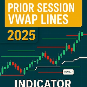Peut inclure: Un graphique financier avec le texte "PRIOR SESSION VWAP LINES 2025 INDICATOR". Le graphique affiche des motifs de chandeliers verts et rouges, avec des lignes horizontales blanches, vertes et rouges. Une ligne blanche avec l'étiquette "VWAP" est également présente.