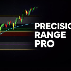 Peut inclure: Un graphique financier avec des motifs de chandeliers verts et rouges, une ligne bleue et des lignes horizontales en jaune, rouge et gris. Le texte "PRECISION RANGE PRO" est affiché en blanc sur fond noir.