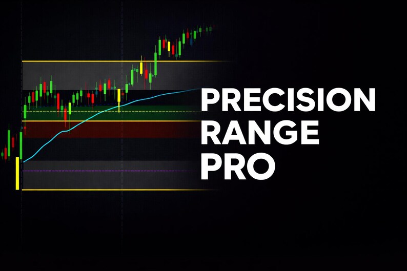 May include: A financial chart showing green and red candlestick patterns, a blue line, and horizontal lines in yellow, red, and grey. The text "PRECISION RANGE PRO" is displayed in white on a black background.