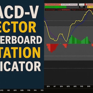 Peut inclure: Un affichage numérique avec le texte "MACD-V SECTOR POWERBOARD ROTATION INDICATOR" en blanc et jaune. Le côté droit montre un graphique linéaire avec des lignes jaunes et bleues, et des graphiques à barres rouges et verts.