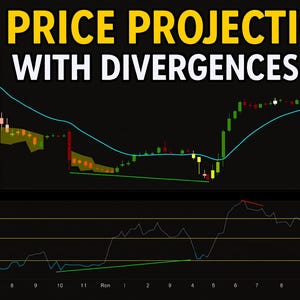 Peut inclure: Un graphique financier avec le texte "RSI PRICE PROJECTION WITH DIVERGENCES" en jaune et blanc. Le graphique affiche des lignes et des points de données en vert, rouge et bleu, avec des valeurs comme RSI 80. 183 $, RSI 70. 182 $ et RSI 50. 179 $.