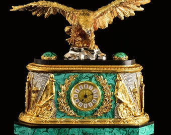 Clock From NATURAL STONE Malachite "EAGLE" Best Gift Luxury Clock Set Amazing Gift Vip