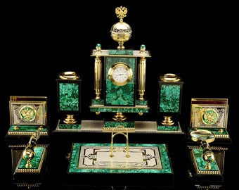 Desk Set malachite, dolerite, brass, bronze, steel, cubic zirkonia, gold 5 microns. Best Gift Luxury Desk Set Eagle