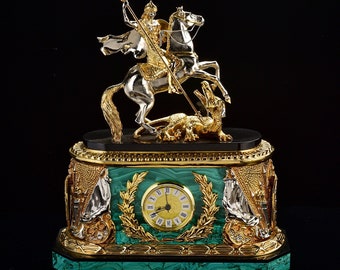 Clock From Natural Stone Malachite "GEORGE THE VICTORIOUS" Best Gift Luxury Clock Set Amazing Gift Vip