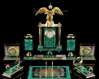 Desk Set "Double-headed eagle" bronze, brass, malachite, dolerite, gold, nickel, glass Best Gift Luxury Desk Set