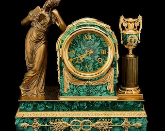 Clock From Natural Stone Malachite "POETRY" Best Gift Luxury Clock Set Amazing Gift Vip