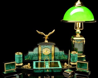 Set da scrivania per DIRIGENTI Con lampada "EAGLE" bronzo, ottone, malachite, dolerite, oro, vetro Miglior regalo Set da scrivania di lusso Eagle