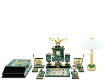 Table set for the head of malachite "Double-headed eagle"  Best Gift Luxury Desk Set Eagle Vip Gift Engraved