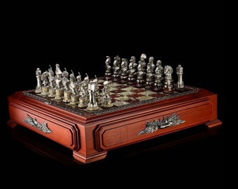 Wooden chess set with stone inlay and silver figures Luxury Gift with storage Best Gift Vip Gift Engraved